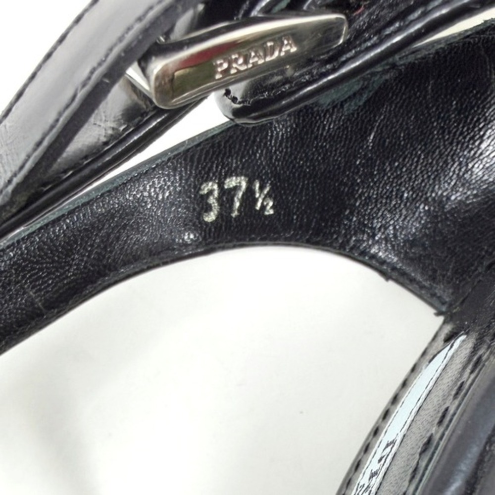 Prada‎ Black Wedge Sandals T Strap Leather Heels 37.5 - Picture 6 of 11
